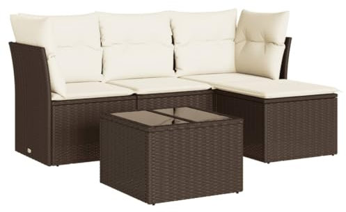 vidaXL Garten Sofa Garnitur 5-TLG., Gartenmöbel Set mit Kissen, Sitzgruppe für Garten Terrasse, Modular Gartensofa Hocker Lounge, Tisch mit Glasplatte, Braun Poly Rattan