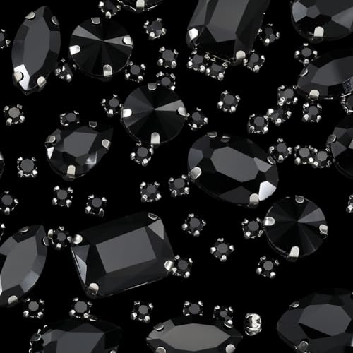 SOFPLATE 156 Stück 7 Stile Schwarzer Strasssteine zum Aufbügeln Strasssteine mit Fassung Crystal Jet Kralle Facettiert Klein Rechteckig Rund Tropfenform Edelsteine Zubehör Für Kleidung Stoffe S