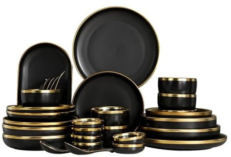 Vajilla Completa Platos de porcelana negra for la cena, platos de cocina, vajilla de cerámica, bandeja for comida, cuenco for arroz, ensalada y fideos, juego de cubiertos(Dish 1pcs)