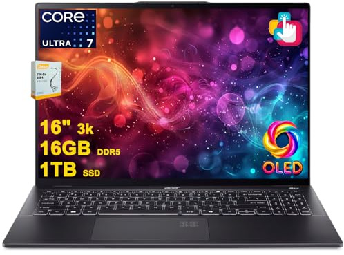 acer Swift 16 AI Copilot+ PC Laptop | 40.6 cm 3K OLED Touch 100% DCI-P3 | Intel 8-core Ultra 7 Series 2 256V hasta 47 tops | 16GB DDR5 1TB SSD | Cámara infrarroja QHD con huella dactilar