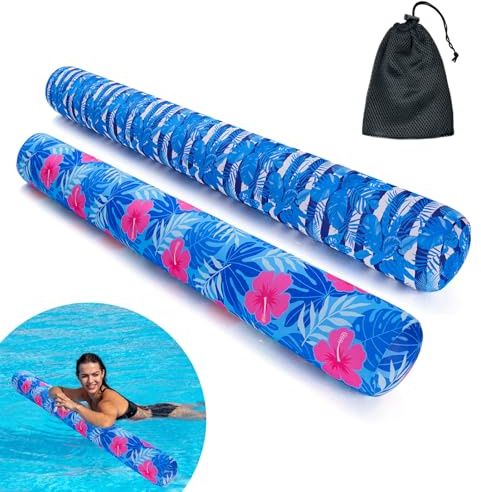 Inflatable Swimming Pool Noodle, 2 Pack Soft Fabric Quick Drying Covered Large Pool Floats Noodles, Premium Buoyancy Swim PoolFloats with Portable Storage Bag for Pool Party Toy（Tropical/Plants）