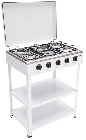LENJKYYO 5 Flammig Tragbarer Outdoor Campingkocher Gaskochfeld mit Deckel, Auto-Zündtaste & Abnehmbare Halterung Gasherd Camping Gasherd Aluminium (Schwarz) ((Weiß))