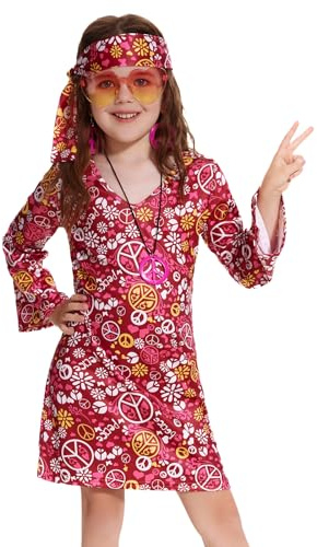 MRYUWB Robe hippie des années 70 pour fille - Tenue des années 70 - Collier signe de paix - Bandeau - Costume de fête à thème des années 60 - Pour enfants de 5 à 14 ans (signe de paix rose, 11-12 ans)