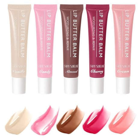 5Pcs Lip Butter Balm, Tinted Hydrating Lip Gloss Instant Nourishing Lip Mask, Non-Sticky Shine, Vegan Lip Care Oil for Dry Lips
