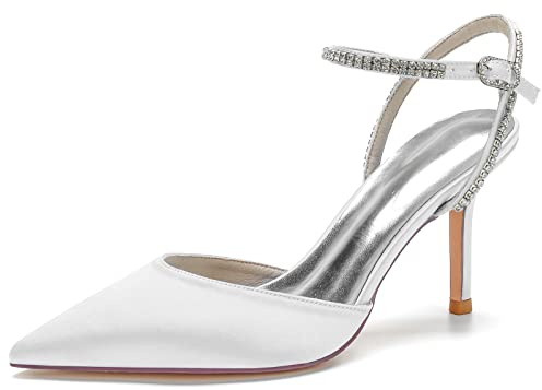 KUHAOFEU Scarpe Donna Eleganti, Decollete Donna, Slingback Tacchi Alti Punta a Punta Sandali da Sposa con Cinturino alla Caviglia,Bianca,37 EU