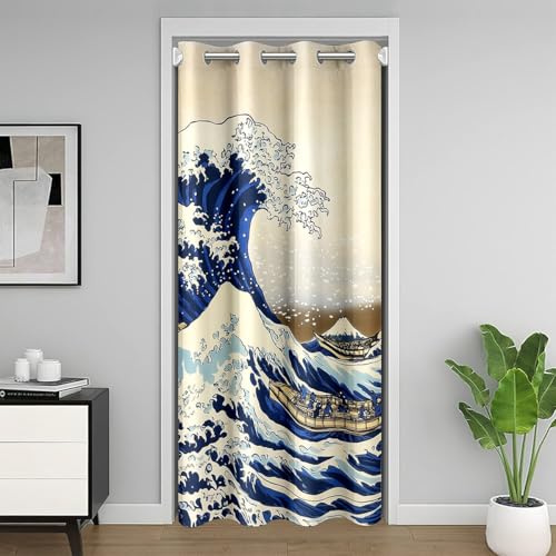 Homemissing Japanische Welle Türvorhang 86x203cm Ozean Zimmer Divider für Kinder Jungen Mädchen Zimmer Dekor Meereswellen Vorhang Marineblau