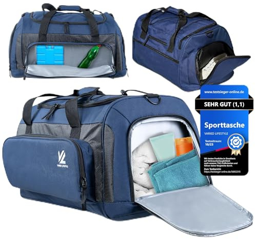 VL® Sporttasche Groß mit Schuhfach, Nassfach & [Isoliertes Kühlfach] Saunatasche & Reisetasche für Damen & Herren Gym Bag, Gym Tasche, Fitnesstasche, Trainingstasche, Schwimmtasche XL 70L Blau-Schwarz