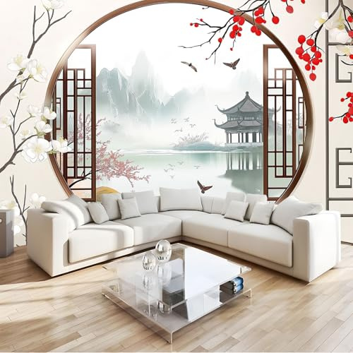 Fotomurales infantiles Pabellones chinos vistas desde las ventanas Papel pintado 3D Tv Fondo Pared Moderno Doficina ormitorio Murales Fotomurales Decorativos 300 x 210 cm