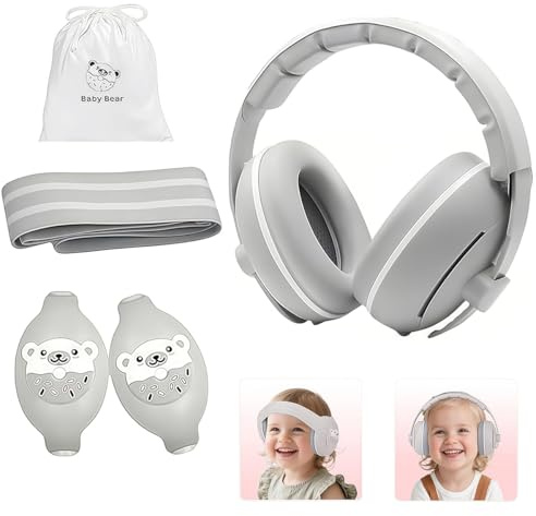 GUKOY Protezione Acustica 2 in 1 per Neonati e Bambini Piccoli Fino a 4 anni, Comode Cuffie Antirumore per Proteggere l'udito e Favorire un Sonno Migliore, Grigio