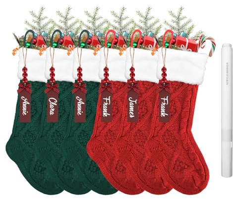 QBEJIME 6 Stück Weihnachtsstrumpf Personalisiert Nikolausstrumpf 18” Großer Gestrickter Christmas Stocking Gestrickte Wolle Weihnachtsstrumpfe Mit Namensschildern Markierstift (Red +Green)