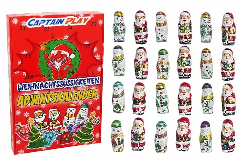 CAPTAIN PLAY Weihnachts Süßigkeiten Adventskalender 2025 mit 24 Schokoladenfiguren, Süßigkeiten Geschenkidee für Kinder und Erwachsene mit 168g, ausgefallene Weihnachtsdeko
