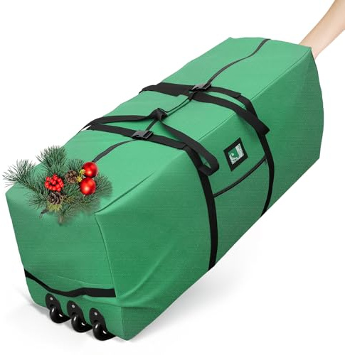 Gabroga Rolling Christmas Tree Storage Bag 7.5ft, Xmas Artificial Tree Storage Bags with 3 Wheels, Heavy Duty 600D Oxford Fabric Storage Box with Reinforced Handle for Disassembled Tree, Green