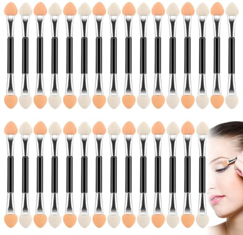 30 Piezas Cepillo de Sombras de Ojos Doble Cara, Pinceles de Sombra de Ojos de Esponja, Aplicador Desechable Dúo para Color de la Cara
