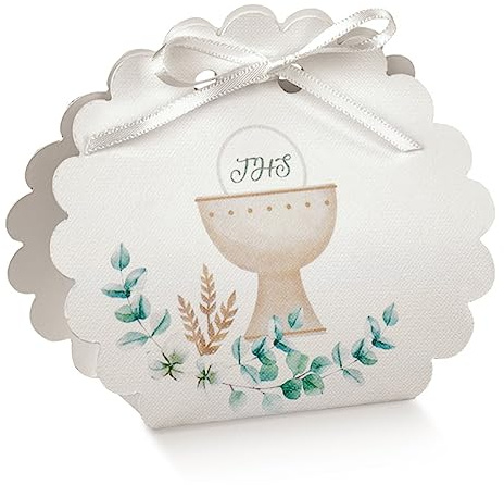 Ingrosso e Risparmio Lot de 10 bonbonnières de communion, de couleur blanche, avec calice et épis de grain, dragées, porte-dragées pour fille, marque-places originales