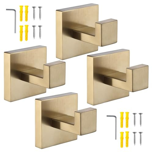 zzmikiteck Towel Robe Clothes Closet Sponges Hook，SUS 304 Stainless Steel Wall Hooks for Bathroom Kitche (quare hook gold 4 pack)