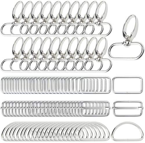 GUBOCA 100 stycken karbinhakar med svängled, sömnad tillbehör, D-ring, triglide-skjutspänne, rektangulär ring för gör-det-själv väsktillbehör, silver, 25 mm
