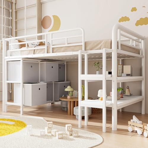 HaoChrymec Letto a Castello Basso in Metallo con Spazio Contenitore, Scale Larghe e Ripiani, Design Sicuro con Angoli Arrotondati, Organizzazione Salvaspazio, per Bambini e Ragazzi, Bianco, 90.200 cm
