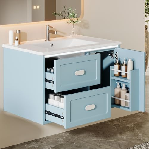 Kelodan 76 x 46 x 51 cm, mobile da bagno, completamente verniciato, illuminazione a LED, due cassetti, guide scorrevoli, lavabo integrato, blu.