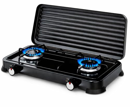 Cocina de Gas Portátil de 2 Fogones, Hornillo de Gas con Tapa Metálica y Fuego Ajustable, Compatible con Propano y Butano, 4,4 kW, Cocina Portátil para Exterior, Terraza, Camper(2 Fogones)