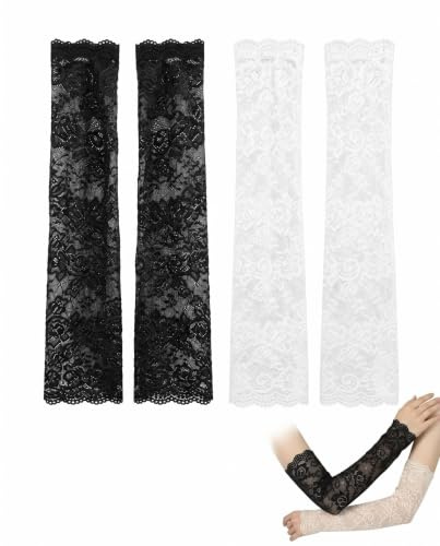 VAEIORP Manicotti Braccia Donna 2 Paia Nero Bianco | Pizzo Traspirante & Seta Ghiaccio | Polsini Antiscivolo, Raffreddano la Pelle e Proteggono dai Raggi UV per Uso Estivo