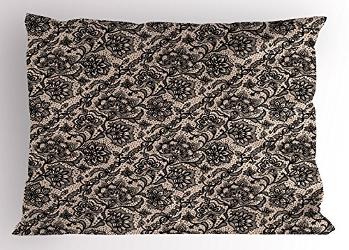 Ambesonne Gothic Pillow Sham, Abstract Graphic Lace Pattern with Flowers Butterflies Old Fashioned Nature Inspired, Decorative Standard Size Printed Pillowcase, 26 X 20, Tan Black