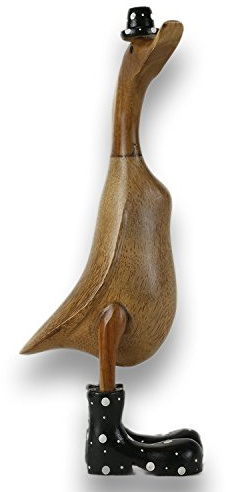 ART-CRAFT Holz Ente Lauf Ente Gartendeko Figur aus Bambus Wurzel und Teak Holz mit Stiefel und Hut Schwarz 45cm