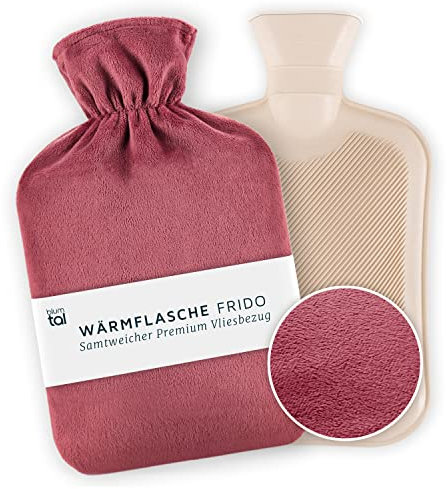 Blumtal Premium Wärmflasche mit Wärmflaschenbezug aus weichem Fleece - Wärmeflasche aus Naturkautschuk - große Hot Water Bottle weich - auslaufsichere Bettflasche bei Schmerzen in Rot