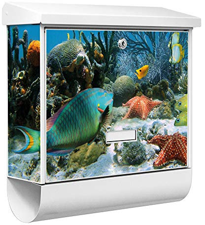 banjado® Burgwächter Briefkasten Weiß 38x39x12cm mit Motiv Korallenriff 1/ Briefkasten mit Zeitungsfach/Briefkasten mit Zeitungsrolle/Postkasten inkl. Montagematerial & 2 Schlüsseln