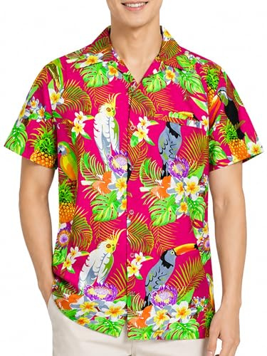 King Kameha Camicia Hawaiana Uomo Vintage a Maniche Corte con Stampa Pappagallo e Cacatua