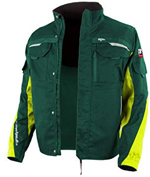 Grizzlyskin Arbeitsjacke Iron – Unisex Workwear für Damen & Herren, Cordura-Schutzjacke mit vielen Taschen, Outdoor Jacke mit Reflexbiesen, Farbe: Grün/Warngelb, Größe: 5XL (70/72)