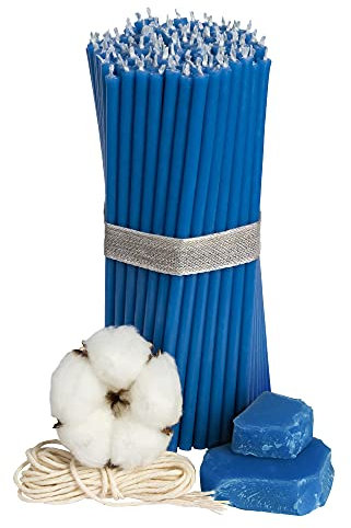 Diveevo Kirchliche Bienenwachskerzen №140-100 Stk. I hochwertige Ritualkerzen L-16 cm Ø-5,0 mm I 30 Min Brenndauer in blau I 300 g dünne Kerzen tropf- und rauchfrei