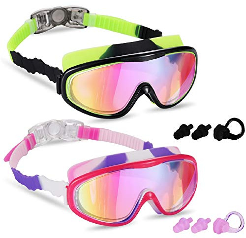 Young4us 2 Pack Kids Swim Goggles, UV Protection, Anti Fog Swimming Glasses for Children from 3 to 15 Years Old, Black/Green & White/Pink/Purple,