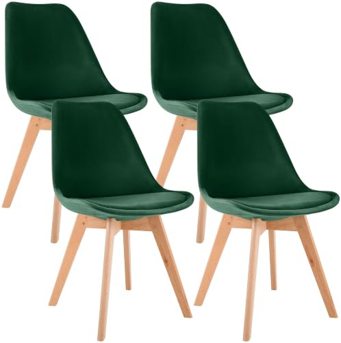 CLP Esszimmerstuhl 4er Set gepolstert Linares, Küchenstühle mit Rückenlehne und Holzgestell Buchenholz, Polsterstühle mit Bodenschonern Farbe grün Material Samt