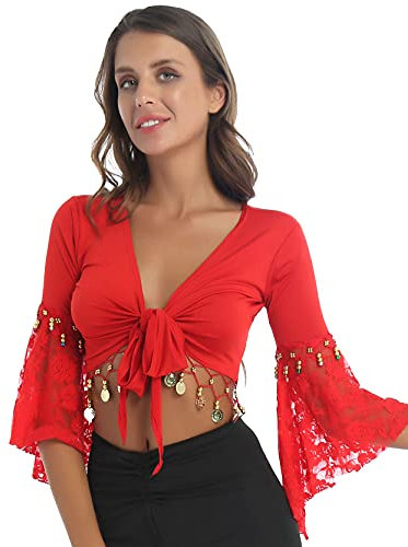inlzdz Dam magdans kostym kofta med tofsar crop top spets lapptäcke långärmad bolero shrug topp elegant axeljacka festlig, röd, L