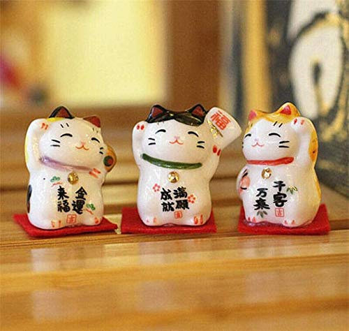 EatingBiting Set of 3 Japanese Ceramics Maneki Neko Lucky Fortune cat Figurines Waving Fortune Decor Ornaments for Home auto Gift