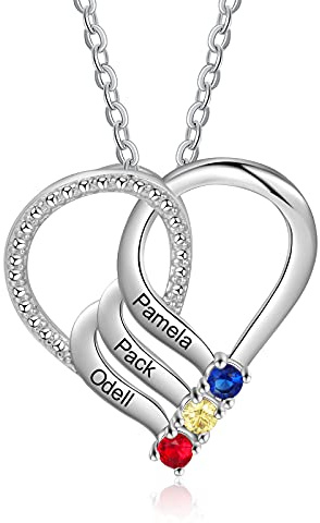 ALBERTBAND Personalisierte Kette Damen mit 2/3/4/5/6 Namen Geburtssteine Mutter Tochter Herz Halskette Geschenke für Frauen Mama Muttertag Weihnachten