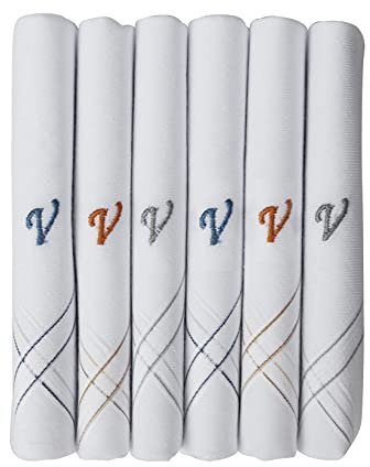 Caruso Italy Herren Monogramm Stickerei 100% reine Baumwolle Taschentuch weiße Basis mit farbigem Rand – 6 Stück, 5740, 46