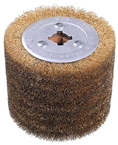 SHITIME 4.7 x 4 Copper Plated Steel Wire Brush Drum Surface Conditioning Tool, Drawing Wheel Wire Wheel Burnishing Tool for Metal Surface Polishing Grinding Removing Rust-3/4 Quad Keyway