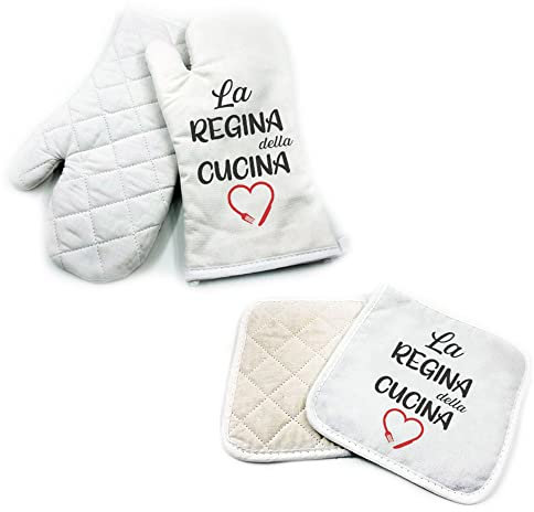 Set da Cucina Guanto da Forno e Presina Festa della Mamma Personalizzato Idea Regalo Speciale Compleanno Natale per la Mamma Cucina Amore Famiglia La Regina della Cucina Queen