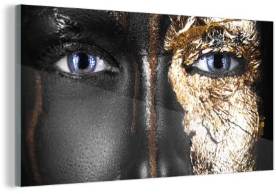 MuchoWow Glasbild Glasfoto Wandbild Bilder Deko 40x20 cm Frau - Blattgold - Schwarz - Gold - Luxus