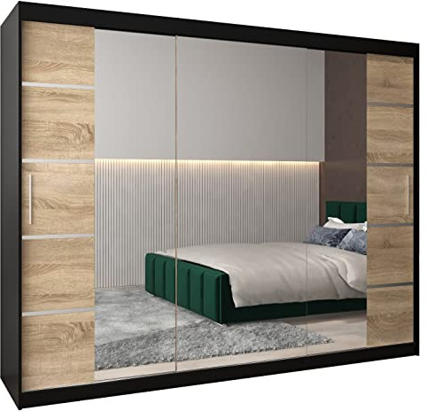 MEBLE KRYSPOL Verona 4 250 Schlafzimmerschrank Schiebetüren Schrank mit Spiegel Kleiderschrank mit Spiegel Schiebetürenschrank Kleiderschrank Schiebetüren – 250x200x62cm - Mattschwarz + Sonoma