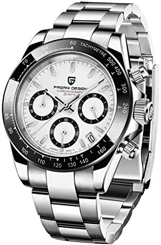 Pagani Design 1644 Klassischer Herren-Chronograph, Armbanduhr, japanisches VK63-Uhrwerk, Panda-Zifferblatt. Keramik-Lünette, Edelstahl, wasserdichte Sport-Quarzuhr