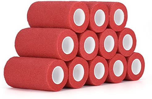 12 Rotoli Fasciature Benda Elastica Bendaggio 10cm x 4,5m Autoadesivo Benda Coesiva Adesiva Nastro Bendaggio Sportivo Non Tessuto per Mani, Piedi, Ginocchia, Braccia (Rosso)