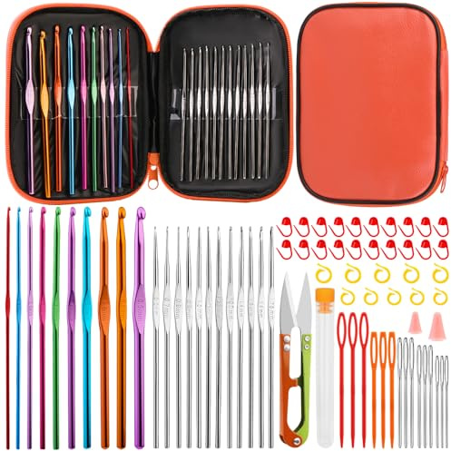 Qzma 80 Pcs Crochet Hooks Set for Beginners, Crochet Hooks Crochet Kit with Storage Case, Ergonomic Knitting Needles Blunt Needles, Knitting Craft Art Tools for Beginners, Orange