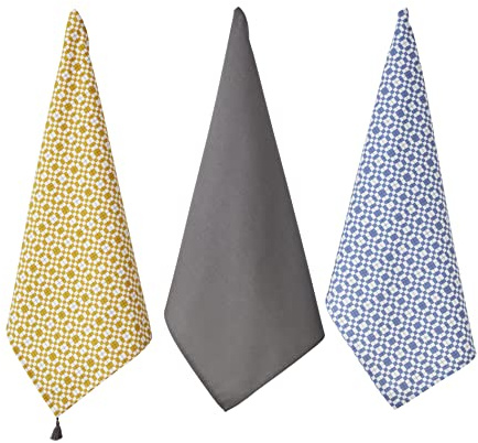 Penguin Home Geschirrtücher aus recycelter Baumwolle, umweltfreundlich, nachhaltig, mit Quasten an beiden Ecken, Größe: 50 x 70 cm, Farbe: Grau, Ocker und Blau, 3 Stück
