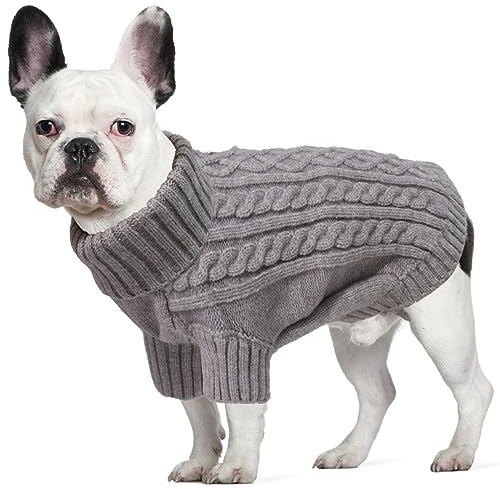 LiebeDD Hundepulli - Kuschelig Hundepullover Mittelgroße Hunde mit Beinschlaufe, Rollkragen Strick Pullover Hund Pullis für Französische Bulldogge Dackel Rehpinscher Teddy (Grau M)