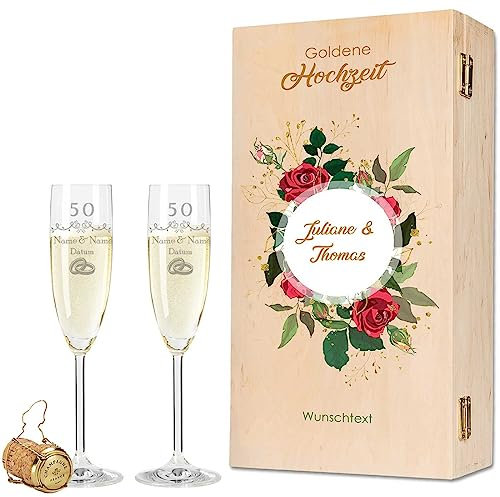 Leonardo - Bicchieri da spumante con incisione – nozze d'oro 50 anni – Personalizzati con nome e data, con scatola di legno, regalo per matrimonio, fidanzamento, anniversario, colore: spumante