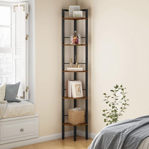 Tajsoon Narrow Corner Shelf Stand 5 Tier 60.5 Industrial Corner Ladder Shelves with Metal Frame, Multipurpose Tall Corner Bookshelf Bedroom, Living Room, Office, Kitchen, Rustic Brown