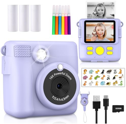 Radekly Appareil photo à impression instantanée pour enfants, cadeaux de Noël et d'anniversaire pour filles et garçons, caméras vidéo numériques HD 1080p pour tout-petits, jouet portable avec 3