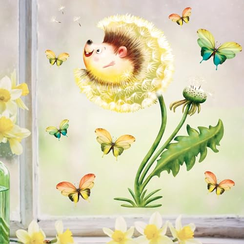 Wandtattoo Loft Fensterbilder Frühling mit Igel in Pusteblume Motiv – A3 Bogen, Wiederverwendbar – Frühlingsdeko Fenster, Frühlingsbild Fenster, Fensterdeko Frühling, Fensterfolie Frühling